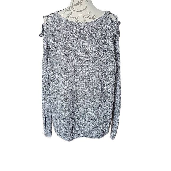 Express Women's Size Medium Black White Marled Lace Up Cold Shoulder Sweater - Picture 4 of 5
